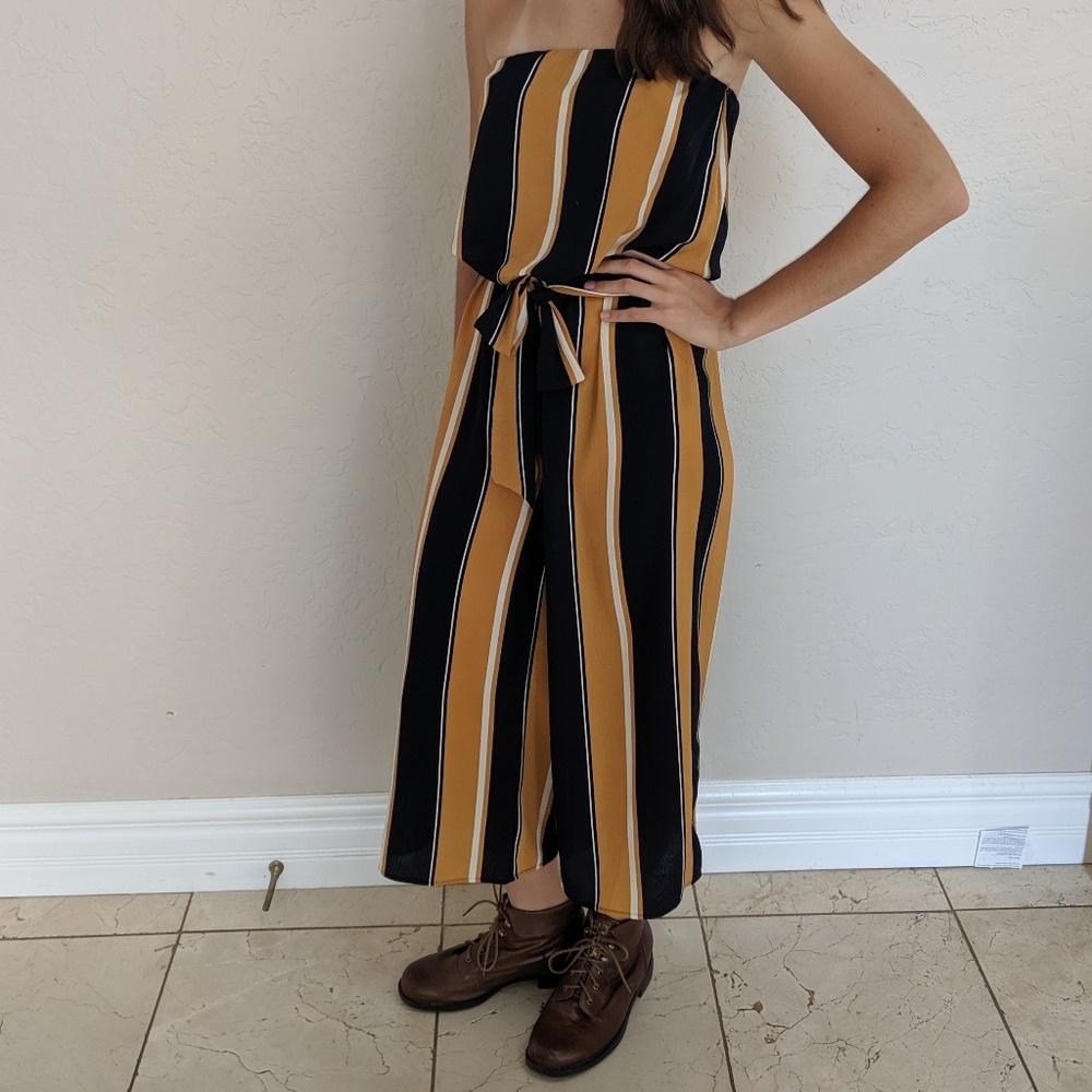 Gold/navy/white sleeveless striped jumpsuit